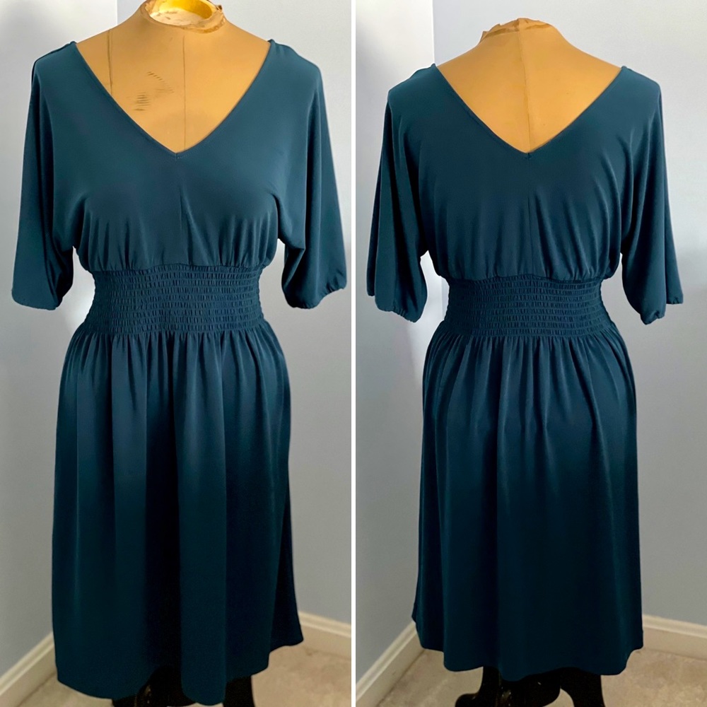 Jersey dress with shirred waist and balloon sleeves